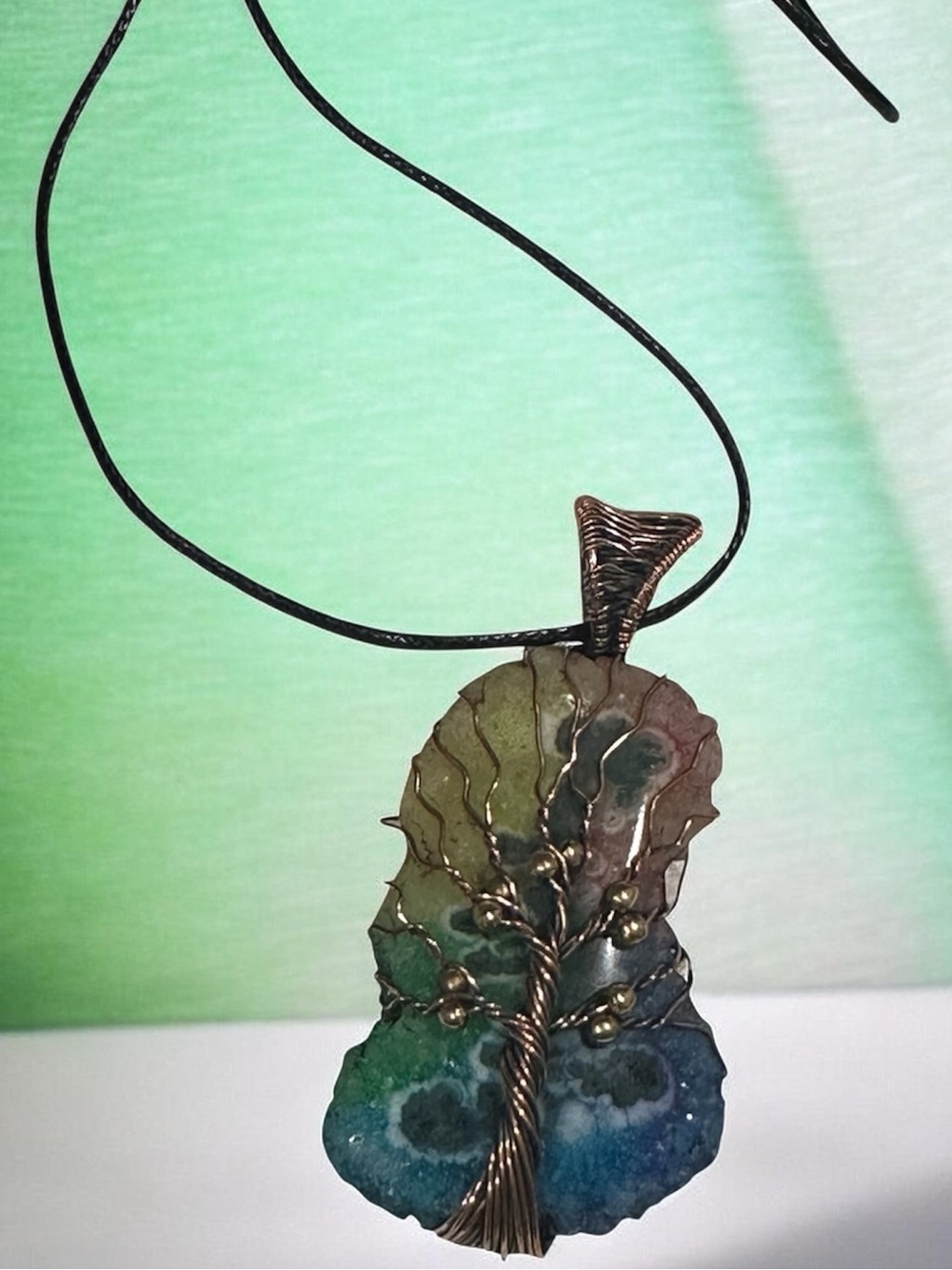 Wire-Wrapped Tree of Life Agate Pendant Necklace in Green and Blue